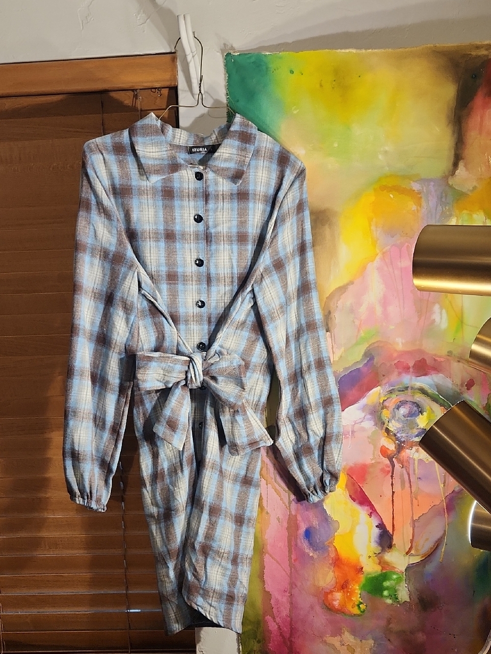 Soft, Light Blue and Brown Plaid Button-Front Shirt Dress With Waist Tie